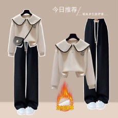 批发时尚套装#时尚甜美娃娃领卫衣搭配垂感显瘦直筒加绒保暖休闲裤
