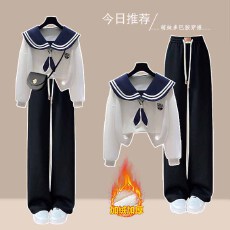 批发时尚套装#海军领卫衣女学院风卫衣搭配直筒加绒保暖拖地休闲裤