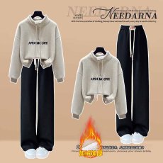 批发时尚套装#加绒加厚女装新款卫衣搭配高腰垂感<b class='q'>显瘦</b>直筒加绒保暖裤