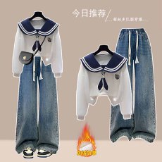 批发时尚套装#学院风减龄显瘦海军领刺绣上衣搭配冬季新款加绒<b class='q'>牛仔</b>裤