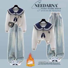 批发时尚套装#学院风减龄海军领刺绣上衣搭配复古松紧腰抽绳<b class='q'>牛仔</b>裤