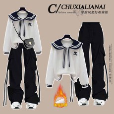 批发时尚套装#学院风加绒新海军领宽松上衣搭配冬季加绒抽绳<b class='q'>工装</b>裤