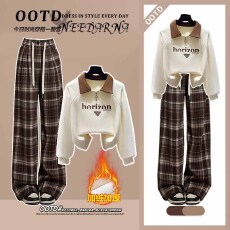 批发时尚套<b class='q'>装</b>#加绒加厚翻领时尚印花字母上衣搭配绑带松紧高腰格子裤