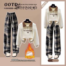 批发时尚套<b class='q'>装</b>#加绒加厚翻领卫衣时尚印花字母上衣搭配韩版红色格子裤