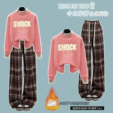 批发时尚套<b class='q'>装</b>#假两件卫衣半高领字母拼接上衣搭配#高腰慵懒阔腿格子裤