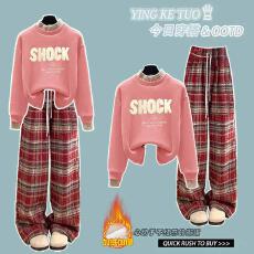 批发时尚套<b class='q'>装</b>#假两件半高领字母拼接套头保暖上衣搭配加绒韩版格子裤