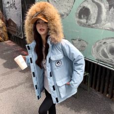 批发白鸭绒蓝色工装羽绒服2025女冬新款派克服魔术贴情侣外套现货款