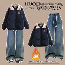 批发时尚<b class='q'>套装</b>#学院风加厚保暖休闲百搭棉衣搭配新款加绒弹力<b class='q'>牛仔</b>裤