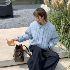 彩色织唛竖条纹理秋冬翻领小个子棉服甜美韩版宽松棉衣现货款棉服