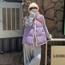 批发格纹小个子两面穿羊羔毛马甲女款2025冬季韩版<b class='q'>时尚</b>外套现货款棉服