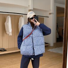 批发韩系高级感蓝色格子羽绒棉衣马甲<b class='q'>女</b>冬季面包服棉袄外套现货款棉服