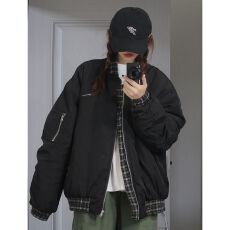 批发格子拼接潮牌外套宽松立领情侣棒球服嘻哈<b class='q'>夹克</b><b class='q'>女</b>冬棉服现货款棉服
