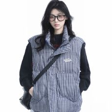 批发美式复古刺绣撞色格子立领棉<b class='q'>马甲</b><b class='q'>男</b>女宽松休闲无袖上衣现货款棉服