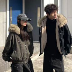 批发潮牌情侣派克服短款保暖棉服仿<b class='q'>兔毛</b>大毛领连帽棉衣冬外套美式复古