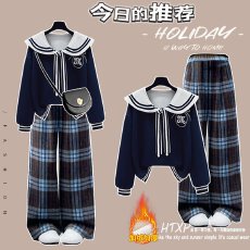 时尚套装#海军领宽松学院风加绒上衣搭配休闲裤宽松显瘦阔腿裤