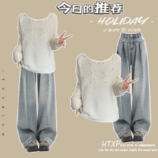 批发时尚套装#重工<b class='q'>钉珠</b>烫钻毛衣搭配宽松高腰阔腿裤设计感百搭<b class='q'>牛仔裤</b>