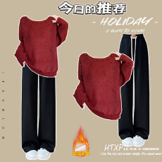 批发时尚套装#重工钉珠烫钻毛衣搭配高腰垂感显瘦直筒加绒保暖休闲裤