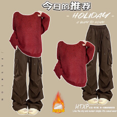 批发时尚套装#重工钉珠烫钻宽松毛衣搭配秋冬加绒美式帅气褶皱工装裤