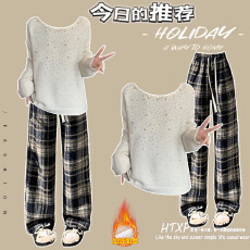 批发时尚套装#重工钉珠烫钻毛衣搭配加厚红色<b class='q'>格子</b>毛呢高腰百搭直筒<b class='q'>裤</b>