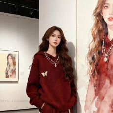 批发23鹿毛绒#2026年春季时尚<b class='q'>甜美</b>淑女风简约百搭红色长袖连帽毛衣