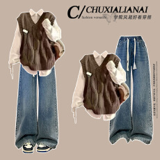 批发时尚套装#学院风慵懒复古叠穿马甲搭宽松衬衫搭<b class='q'>松紧腰</b>抽绳<b class='q'>牛仔裤</b>