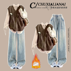 批发时尚套装#学院风复古叠穿马甲搭甜美宽松衬衫搭<b class='q'>松紧腰</b>抽绳<b class='q'>牛仔裤</b>