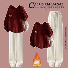 批发时尚套装#减龄温柔风连帽针织毛衣搭配高腰垂感加绒保暖休闲裤