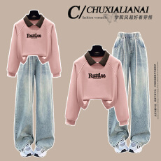 批发时尚套装#POLO领撞色刺绣设计感假两件上衣搭配<b class='q'>松紧腰</b>浅色<b class='q'>牛仔裤</b>