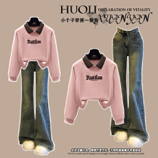 批发时尚套<b class='q'>装</b>#撞色刺绣设计感假两件<b class='q'>上衣</b>搭配复古毛边微喇叭牛仔<b class='q'>裤</b>