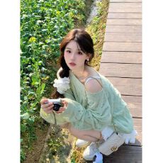 批发春夏季破洞防晒空调衫薄荷曼波绿色<b class='q'>马海毛</b>镂空针织罩衫外套女