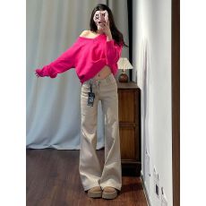 批发牛仔裤女秋<b class='q'>冬</b>新款卡其色微喇叭裤低腰宽松显瘦垂感阔腿拖地长裤子