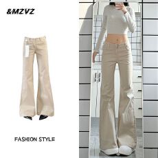 批发低腰宽松显瘦垂感阔腿拖地长裤子牛仔裤女秋<b class='q'>冬</b>新款卡其色微喇叭裤