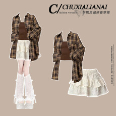 批发时尚套<b class='q'>装</b>#时尚港风条纹<b class='q'>衬衫</b>长袖外套搭配芭蕾风纯色蛋糕裙半身裙