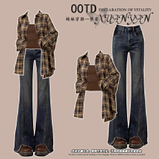 批发时尚套<b class='q'>装</b>#长袖衬衫法式<b class='q'>中长款</b>外套搭配复古毛边开叉微喇牛仔<b class='q'>裤</b>