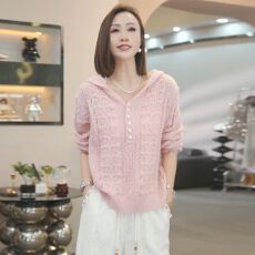 批发绵<b class='q'>羊绒</b>22#连帽显瘦气质针织衫纽扣感法式上衣百搭镂空浅色系设计