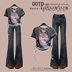 批发时尚套装#甜酷收腰半袖<b class='q'>韩版</b>抽绳T恤上衣搭配复古蓝毛边微喇<b class='q'>牛仔裤</b>