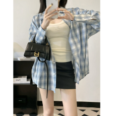 色织格子#美式甜酷风灰蓝撞色格子衬衫百搭休闲春季叠穿盐系外套