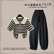 批发时尚套装#娃娃领条纹短袖T恤显瘦气球花苞<b class='q'>裤</b>设计感甜酷休闲阔腿<b class='q'>裤</b>