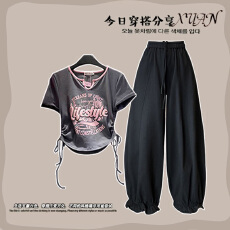 批发时尚套装#复古美式短款字母侧边抽绳V领短袖搭配显瘦气球花苞<b class='q'>裤</b>