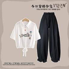 批发时尚套装#polo衫学院风日系小清新运动风短袖搭配显瘦气球花苞<b class='q'>裤</b>