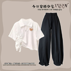 批发时尚套装#夏季百搭宽松抽绳短袖搭配设计感甜酷休闲花苞阔腿<b class='q'>裤</b>