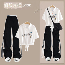 批发时尚套装#休闲<b class='q'>短袖</b>T恤polo衫学院风夏装上衣搭配美式外穿工装裤