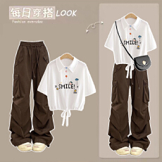 批发<b class='q'>时尚</b>套装#日系小清新<b class='q'>运动</b>风短袖搭配多口袋韩版美式褶皱工装裤子