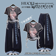 批发时尚套<b class='q'>装</b>#美式短款字母侧边抽绳V领短袖搭配蝴蝶结格子拼接牛仔裤