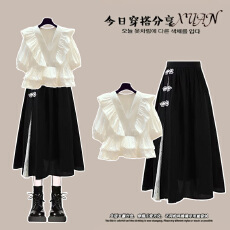 批发时尚套装#法式甜美荷叶边拼接V领<b class='q'>衬衫</b>搭配复古盘扣新中式半身裙