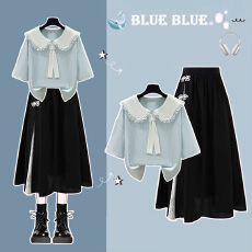 批发时尚套<b class='q'>装</b>#海军领蕾丝拼接假两件<b class='q'>短袖</b>搭配复古盘扣新中式A字半身裙