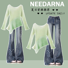 批发时尚套装#多巴胺渐变绿不规则针织衫搭配美式复古蝴蝶刺绣微喇裤