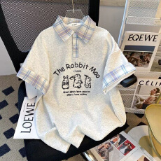 6535棉180克#卡通兔子印花格子拼接假两件短袖polo衫学院风上衣