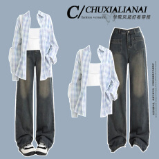 批发时尚套装#宽松百搭格子上衣防晒衬<b class='q'>衣外套</b>搭配直筒高腰复古牛仔裤