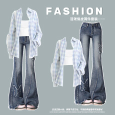 批发时尚套装#宽松百搭格子长袖<b class='q'>衬衣</b>外套搭配美式复古蝴蝶<b class='q'>刺绣</b>微喇裤